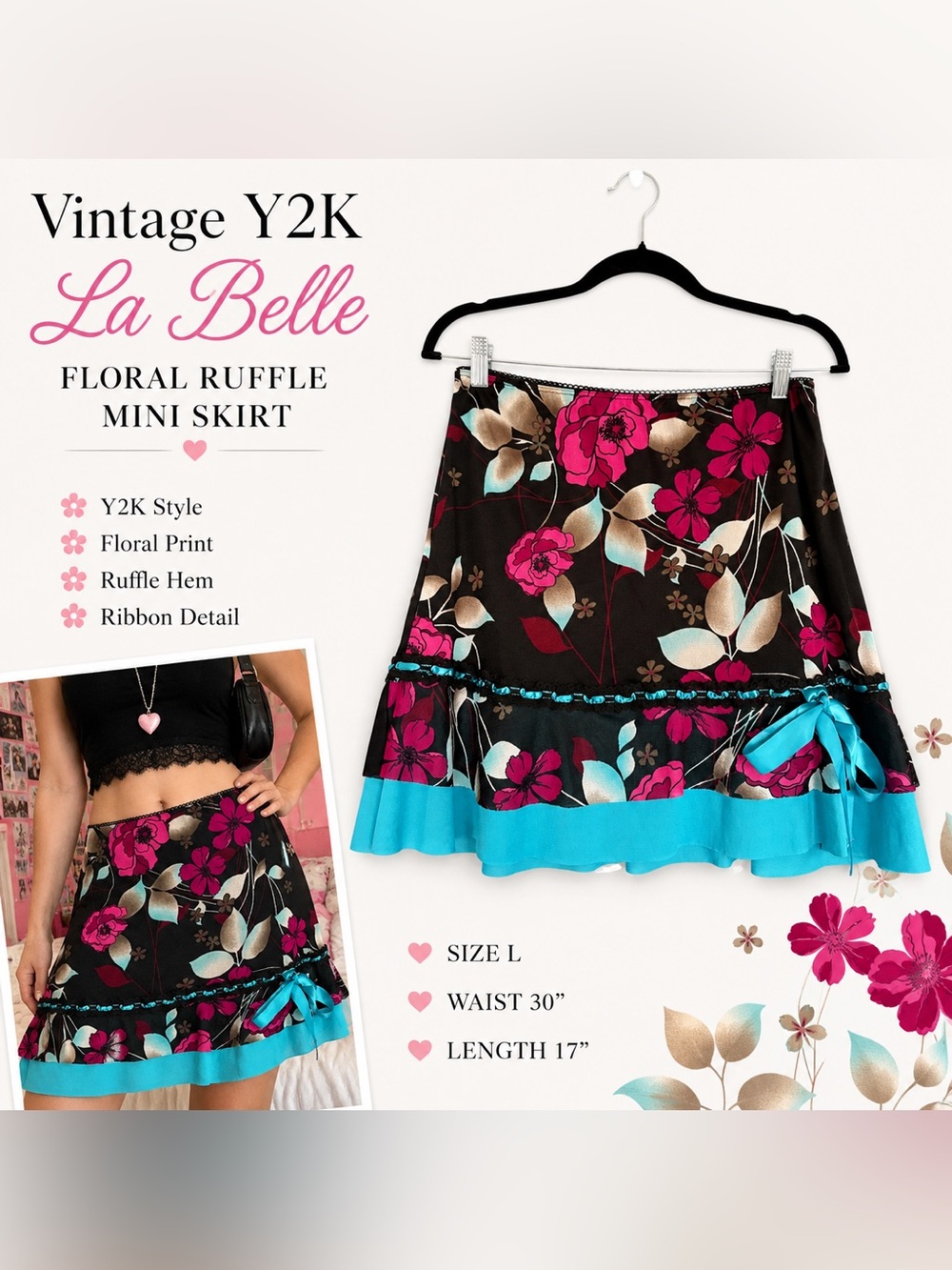 La Belle Vintage Y2K Floral Ruffle Mini Skirt Size L Fairycore Coquette